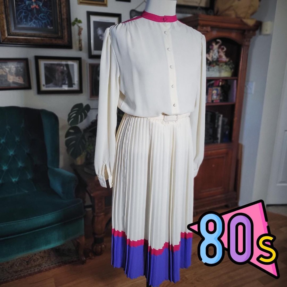 Vintage 80s Rothschild San Francisco Pleated Midi Dress Belted Pink Purple S